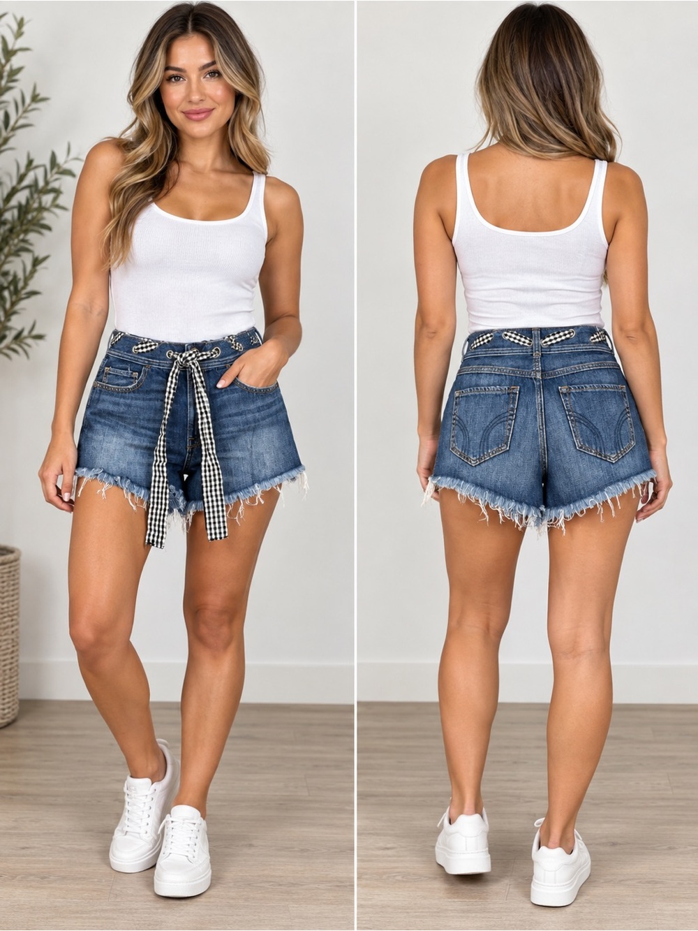 Hollister High-Rise Vintage Denim Shorts Size 9 W29 Gingham Lace-Up Frayed Hem